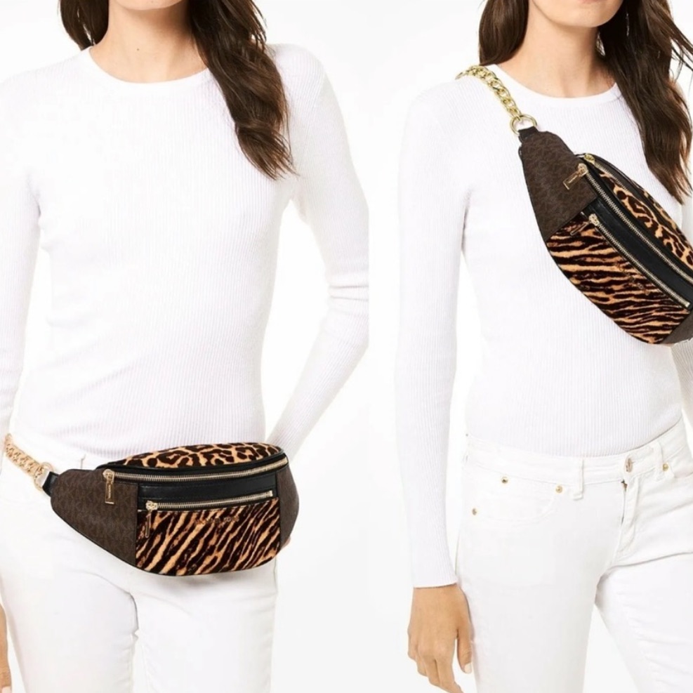Michael Kors Mott Fur Md Waist Pack Belt Bag Brown Multi With Gold Hardware